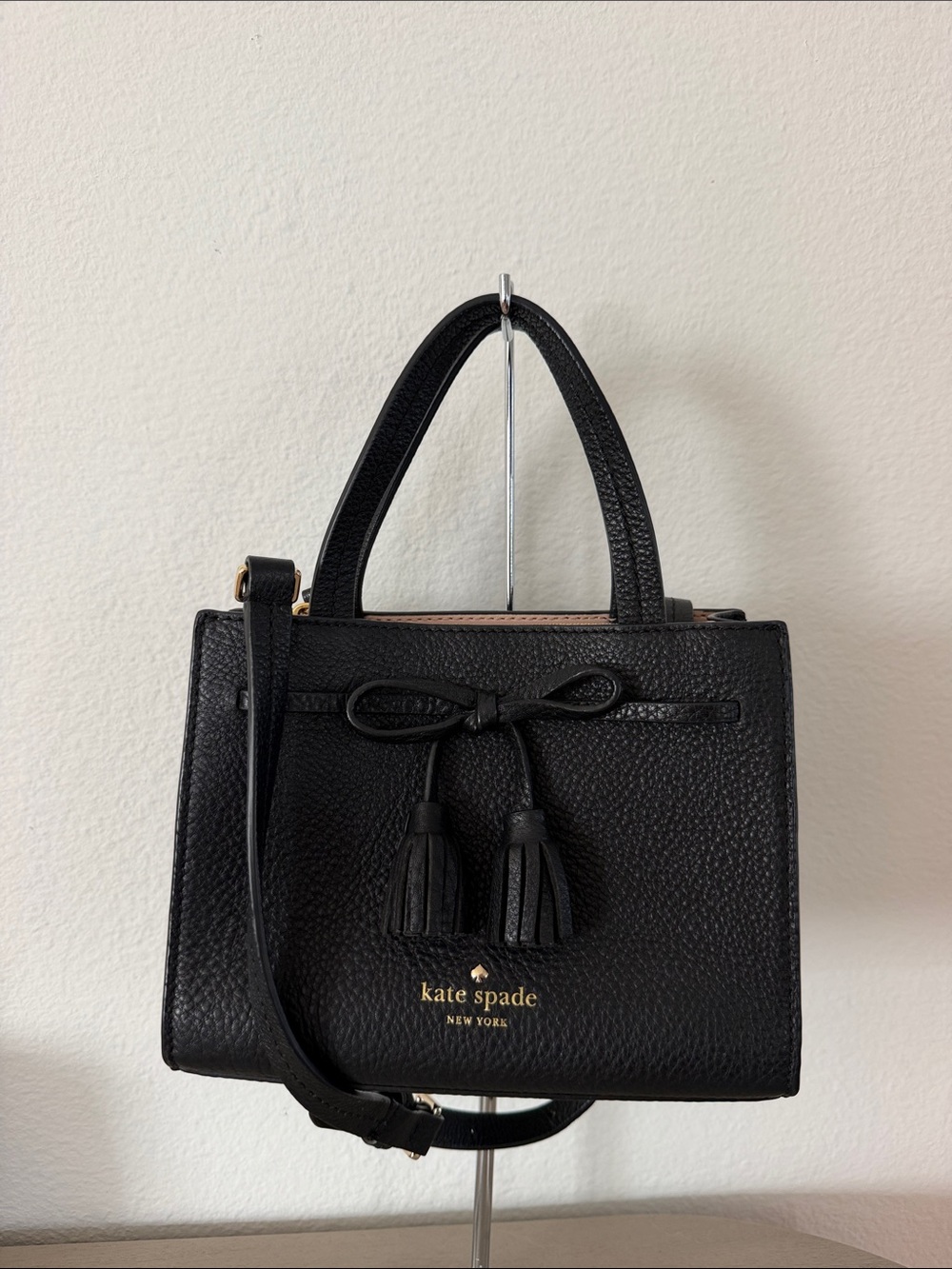 kate spade Black Pebbled Leather Satchel with Tassel Bow